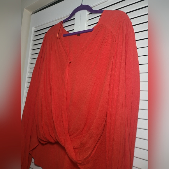 FP Faux-wrap Long Sleeve Top Flame Orange M Boho style blouse - Picture 8 of 9